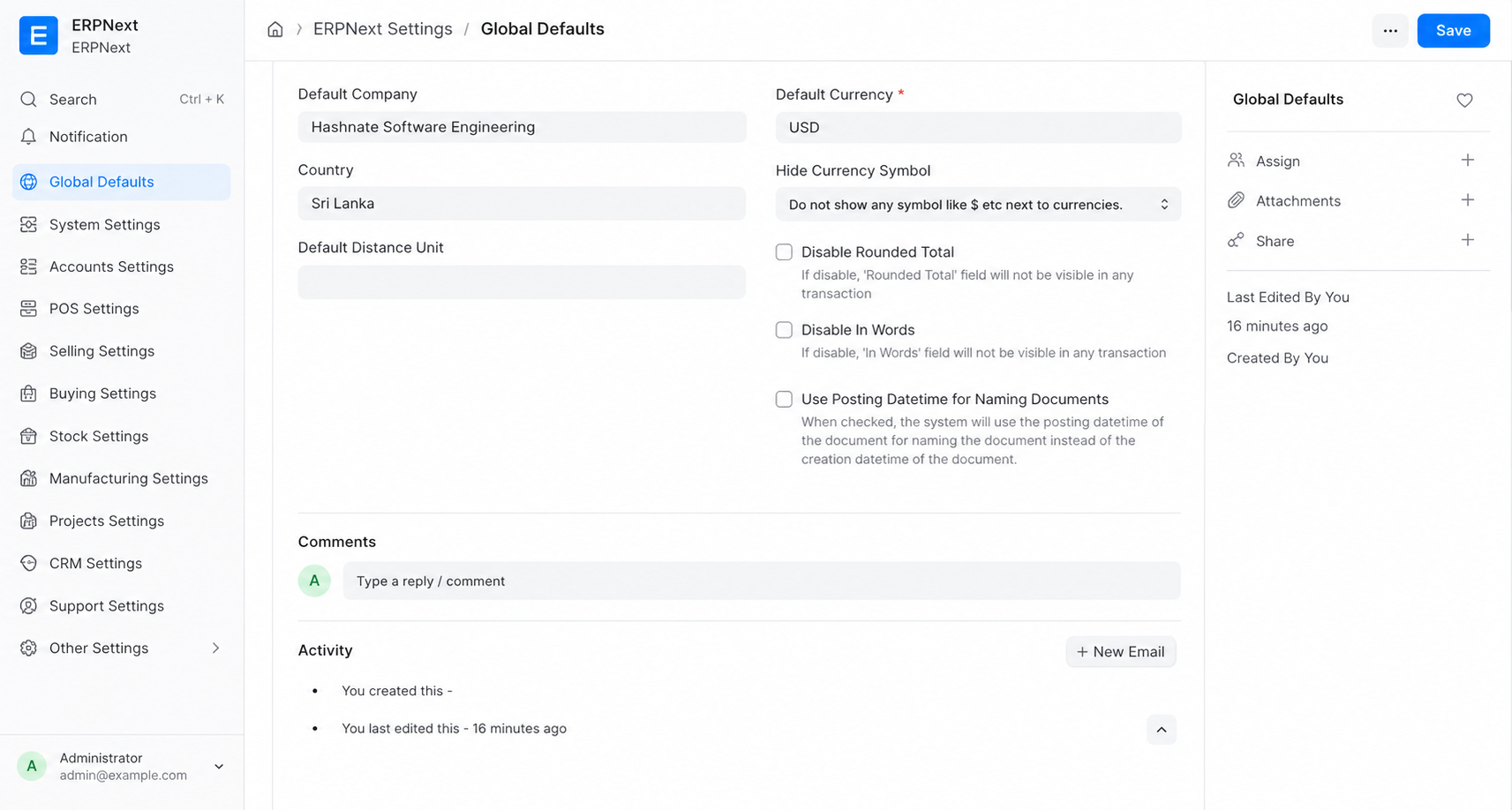 ERPNext Global Defaults and Settings Screen